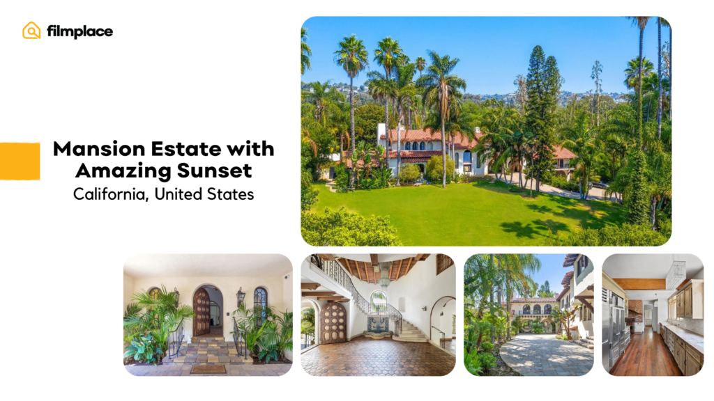 Filmplace top location pick for May: Listing 12339 Mansion Estate with Amazing Sunset in Beverly Hills, California, photo collage.